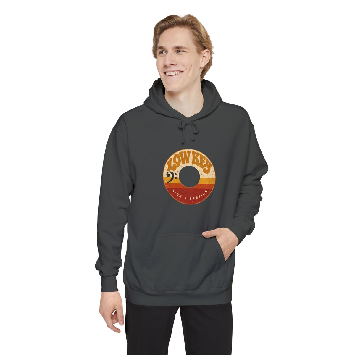 F.L.O. Low Key High Vibration Vintage 45 Hoodie — Garment-Dyed