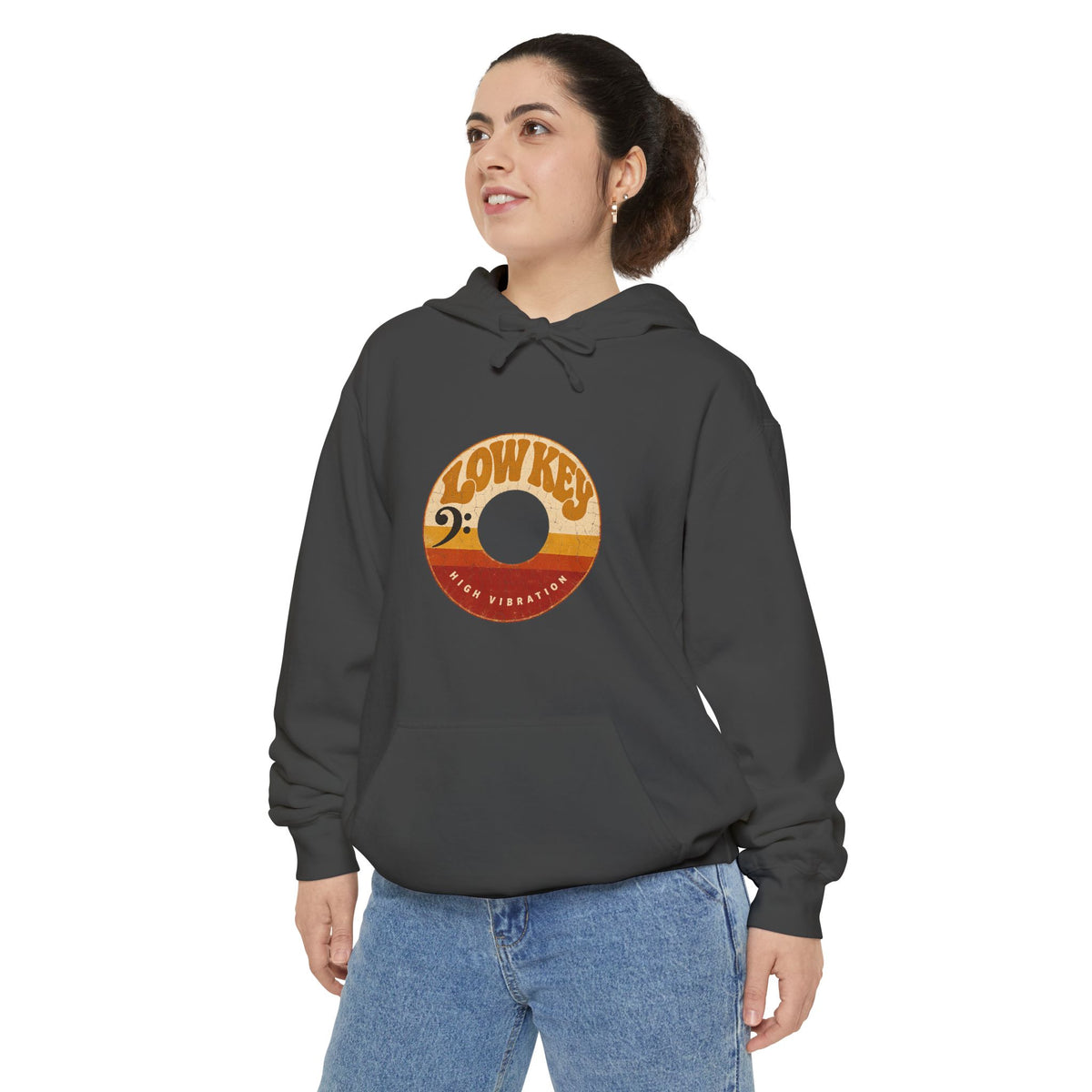 F.L.O. Low Key High Vibration Vintage 45 Hoodie — Garment-Dyed