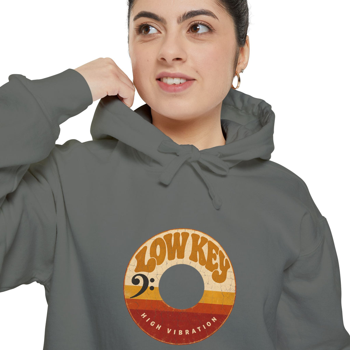 F.L.O. Low Key High Vibration Vintage 45 Hoodie — Garment-Dyed