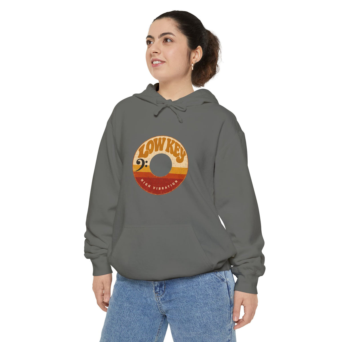 F.L.O. Low Key High Vibration Vintage 45 Hoodie — Garment-Dyed