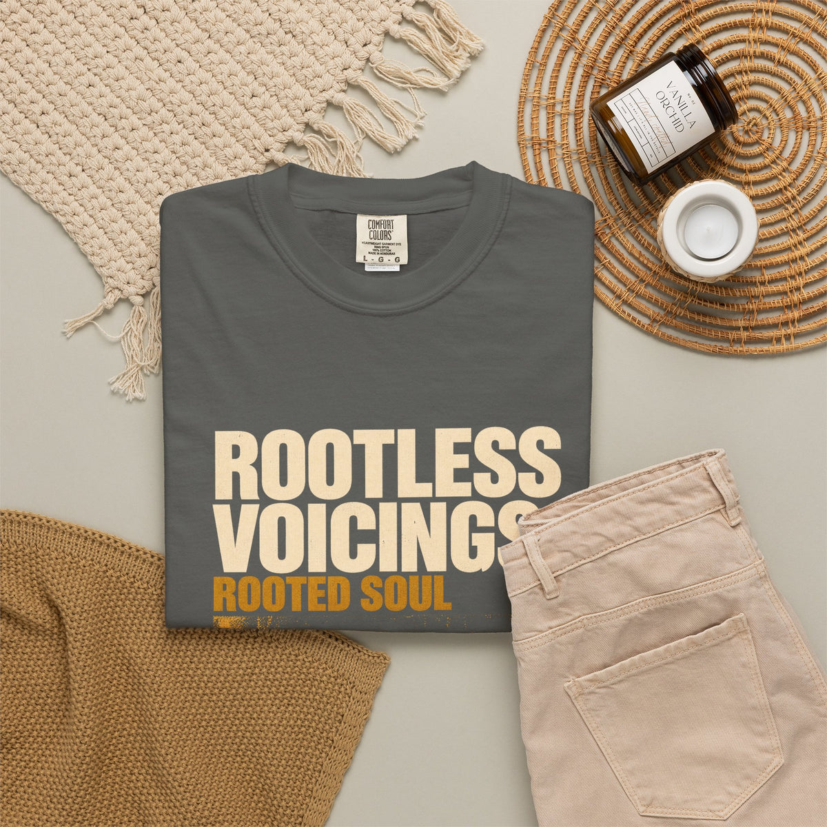 F.L.O. Rootless Voicings, Rooted Soul Vintage Tee — Garment-Dyed